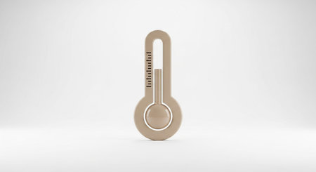 A straightforward beige thermometer is showcased against a soft, light gray background. The thermometer clear, dark markings along its stem, suggesting a precise measurement scale. The liquid level is not explicitly shown, focusing instead on the form and structure of the instrument. The conveys a sense of order and scientific accuracy.の素材