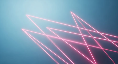 This abstract showcases sharp, angular pink neon lines that intersect and overlap to form a dynamic geometric pattern against a soft blue gradient background. The glowing lines are bright and luminous, creating a sense of energy and futuristic The minimalist approach focuses on the interplay of light and form, evoking a sense of digital or a technological concept.の素材