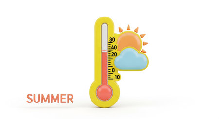 A cheerful cartoon thermometer, predominantly yellow with red and white is depicted with a blue cloud and an orange sun The thermometer a warm temperature reading on its scale, marked with numbers from 0 to 40. The word "SUMMER" is prominently displayed in a warm tone to the left of the thermometer, reinforcing the seasonal theme. The clean white background isolates theの素材