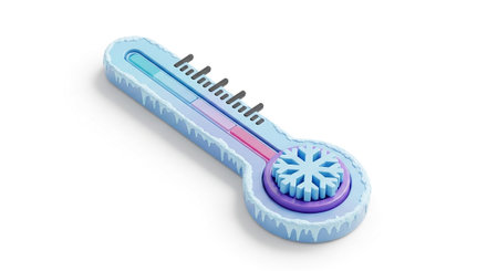 A stylized 3D rendering of a thermometer a very cold temperature, indicated by the blue liquid level and the presence of ice crystals and frost coating the glass. A prominent snowflake symbol is positioned near the bulb, reinforcing the theme of extreme cold. The thermometer a gradient of pastel colors from blue to pink and purple, with black markings for temperature measurement. The overall aesthetic is clean and modern, representing cold weather or low temperature concepts.の素材