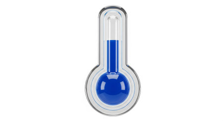 A minimalist 3D render of a transparent glass thermometer with a blue liquid column indicating a cool temperature. The thermometer is presented on a clean white background, emphasizing its simple and The glass has a subtle sheen, and the blue liquid is clearly visible within the tube and bulb. The scale markings are present but understated, focusing on the core of temperature measurement.の素材