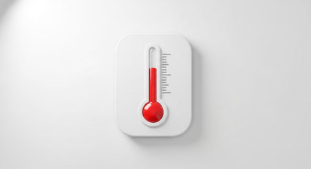 A modern white thermometer with a rounded base a red liquid column that has risen to indicate a temperature. The scale on the thermometer markings. The device is presented on a clean white background, with a soft shadow, highlighting its minimalist and the striking red color of the liquid. visually elevated heat and measurement.の素材