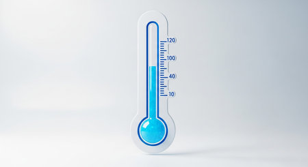 A clean white thermometer with blue accents and a blue liquid column is set against a bright white background. The thermometer a bulb and a graduated tube displaying temperature readings. The blue liquid is at a relatively level, indicating a warm temperature, with markings up to 120 degrees. The overall presentation is minimalist and modern.の素材