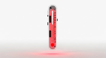 A vertical glass thermometer is presented in a studio shot against a white background. The red liquid inside is vibrant and glowing, indicating a temperature. The thermometer incorporates modern with subtle digital display components visible on the side. The Celsius scale is clearly marked. A soft red glow emanates from the base of the thermometer.の素材