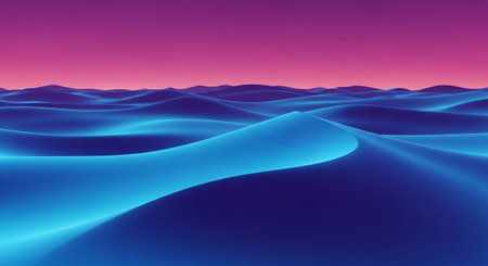 An abstract digital landscape presents a series of smooth, undulating dunes in deep blues and purples. The gentle curves and soft shading create a sense of depth and fluidity. The sky above is a vibrant magenta, providing a stark contrast to the cool tones of the landscape. evokes a feeling of serene, otherworldly beauty, perhaps a synthetic or alien desert at twilight. The smooth, flowing forms and the striking color combination create a visually and tranquil scene.の素材
