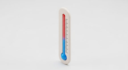 A simple white thermometer stands vertically on a soft, light gray background. The thermometer's glass tube contains a dual-colored liquid, with red at the and blue at the bottom, illustrating a temperature reading. The black markings on the scale are clearly visible, denoting specific temperature points. The minimalist presentation emphasizes the thermometer as a functional for measuring temperature in a clean and straightforward manner.の素材