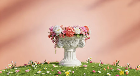 A classical stone urn, adorned with decorative carvings, holds a lush bouquet of vibrant flowers. The arrangement peonies, roses, and other colorful blooms in shades of pink, white, and coral. The urn is placed on a gently sloping green grassy hill dotted with small spring flowers. The background is a soft, peachy-pink hue, with subtle light effects creating a dreamy atmosphere. The scene evokes a sense of natural beauty and delicate artistry.の素材