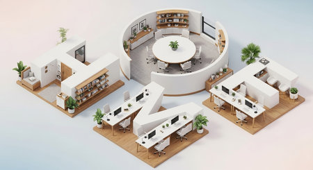 An isometric 3D depicting modern office spaces arranged to form the word "HOME". Each letter is a stylized interior, showcasing functional workspaces with desks, computers, and ergonomic chairs, as well as communal areas like a circular meeting room and a lounge. Lush green plants add a touch of nature. The overall aesthetic is clean, contemporary, and organized, representing a blend of work environments and comfortable living spaces, concepts related to remote work or flexible office solutions.の素材