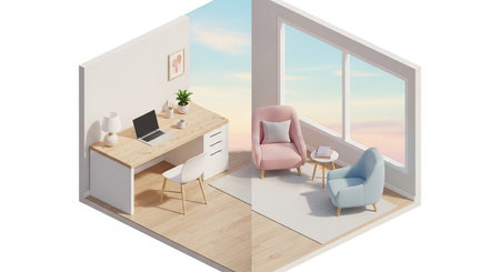 A split isometric view showcasing two distinct yet harmonious interior spaces. On the left, a clean and minimalist home office a light wood desk with a laptop, a small plant, a lamp, and a simple white chair. The right side presents a cozy seating area with two plush armchairs in soft pink and blue hues, a small side table, and a large window revealing a pastel sky with gentle clouds. The overall aesthetic is modern, bright, and serene, emphasizing a balanced lifestyle.の素材