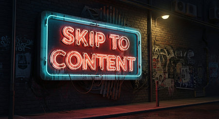 A vibrant neon sign with the words "SKIP TO glows intensely in red and blue against a dark, weathered brick wall. The sign is mounted in an urban alleyway at night, illuminated by its own light and a nearby street lamp. The wall is covered in graffiti and old posters, adding to the gritty, retro atmosphere. The wet pavement reflects the neon glow, creating a dramatic and moody scene.の素材