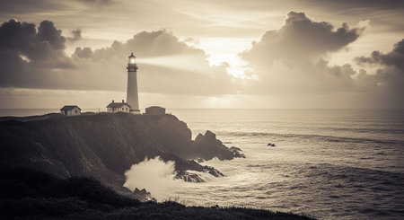A dramatic sepia-toned showcases a tall, classic lighthouse standing sentinel on a rugged cliff edge overlooking a turbulent sea. Powerful waves crash against the rocks below, sending white spray into the air. The sky is filled with dark, dramatic clouds, suggesting a moody and atmospheric scene. The lighthouse's beam cuts through the dim light, offering a sense of guidance and safety. The vintage aesthetic and the raw power of the ocean create a compelling and timeless portrayal of a...の素材