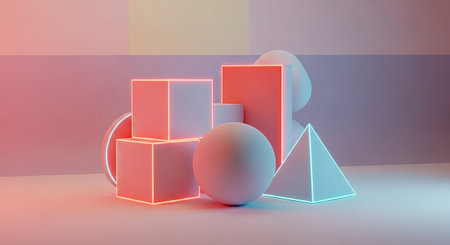 presents a dynamic arrangement of stacked geometric shapes, including cubes, spheres, and a pyramid. The edges of some shapes are highlighted with bright neon pink and blue light, creating a futuristic and vibrant aesthetic. The background is a soft pastel gradient, transitioning from warm pink to cool blue. The lighting is diffused, casting subtle shadows and emphasizing the smooth textures of the forms. This composition is abstract and visually engaging.の素材