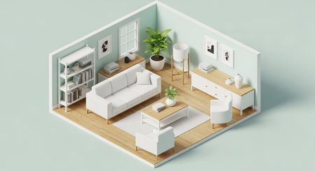 An isometric rendering of a bright and airy living room. The space is furnished with a white sofa, a white armchair, a white coffee table, and a white sideboard. A tall white bookshelf is filled with books and decorative Potted plants are strategically placed throughout the room. The flooring is light wood, and the walls are a soft mint green. A window provides natural light, and framed adorns the walls.の素材