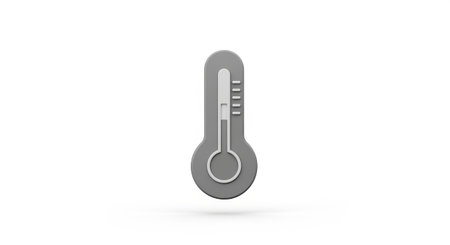 A minimalist 3D render of a gray thermometer set against a stark white background. The thermometer a bulb at the bottom and a slender tube with white markings indicating temperature levels. The overall aesthetic is clean and modern, digital interfaces or informational The gray color provides a neutral tone, emphasizing the form and function of the measuring device.の素材