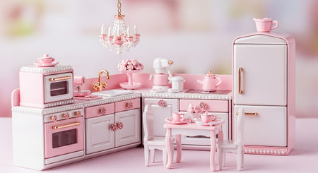 This adorable miniature kitchen is a delightful creation in soft pink and white, featuring charming rose motifs and gold accents. It includes tiny baking appliances like a microwave and oven, a compact stove, a sink, and a miniature stand mixer. A small table with chairs is set for tea, complete with tiny cups and saucers. The refrigerator adds to the vintage charm. The overall aesthetic is playful, sweet, and detailed, a dollhouse or a collector of charming miniatures.の素材