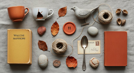An evocative autumn still life unfolds on a textured grey linen surface. A collection of vintage includes a worn yellow book, a cracked white ceramic cup, and a small, grey bird figurine. Scattered fallen leaves in shades of orange and brown, smooth stones, and a rustic spool of twine add natural An antique spoon rests near a faded postcard, and a few nutshells complete the scene. The composition highlights themes of time, imperfection, and the beauty found in natural decay.の素材