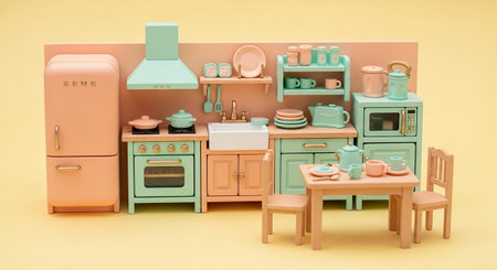 showcases a delightful miniature kitchen scene with a dining area. The pastel pink and mint green color palette creates a sweet and inviting atmosphere. The kitchen unit includes a refrigerator, stove, sink, microwave, and various cabinets and shelves stocked with tiny dishes and cookware. A small dining table with two chairs is positioned in front of the kitchen, suggesting a complete play setting. The overall presentation is clean, well-lit, and emphasizes the charming, toy-like of the...の素材