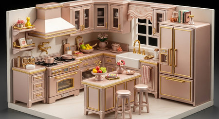 This charming miniature kitchen combines rose gold cabinetry and gold accents with marble countertops and a white farmhouse sink. A kitchen island with stools, a vintage-style stove and oven, and a refrigerator complete the setup. Decorative like a fruit basket, floral arrangements, and jars add a touch of vibrancy and warmth. A window with curtains suggests a cozy domestic scene. The overall impression is one of detailed craftsmanship, blending modern sophistication with a touch of quaint...の素材