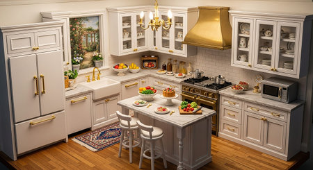 A bright and inviting miniature dollhouse kitchen is presented with crisp white cabinets and gleaming gold hardware. A central kitchen island with bar stools offers a functional space, while a vintage-style stove, refrigerator, and microwave are integrated into the farmhouse sink sits beneath a window, and the marble countertops are adorned with a fruit bowl, cake, and pastries. A crystal chandelier hangs above, and a patterned rug lies on the wooden floor, creating a detailed and realistic...の素材