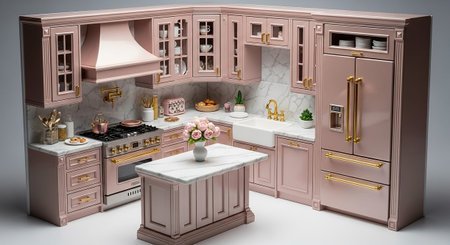 This miniature pink kitchen showcases a with marble countertops and a marble-backed backsplash. Gold hardware adorns the cabinetry, sink faucet, and appliances, adding a touch of luxury. A central island, a vintage-style toaster, and a bouquet of pink roses on the counter contribute to the inviting and stylish atmosphere. The overall impression is one of elegance and domestic comfort.の素材