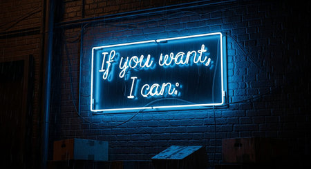 A bright blue neon sign glows intensely against a dark, wet brick wall at night. The sign the text "If you want, I can:" in a flowing, script-like font. The surrounding environment is dark, with visible rain streaks and subtle reflections on the brickwork. The conveys a strong, motivational message with a dramatic and urban aesthetic, themes of ambition and possibility.の素材
