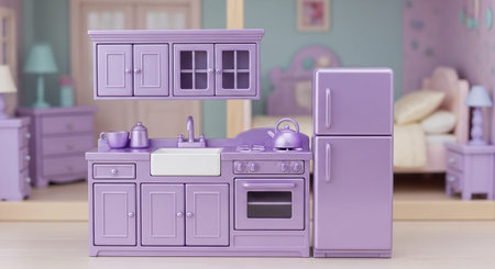 A comprehensive view of a miniature lavender dollhouse setup is presented, featuring a fully equipped kitchen and a glimpse into a bedroom. The kitchen includes a refrigerator, oven, sink, cabinets, and various accessories like a kettle and pitcher. The bedroom in the background has a bed and nightstands. The pastel color scheme and soft lighting create a charming and inviting atmosphere for imaginative play.の素材