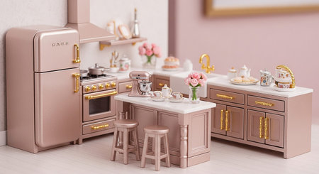 A compact and stylish miniature kitchen a rose gold SMEG refrigerator as a focal point, complemented by matching rose gold cabinetry and gold accents. Marble countertops and a white sink are integrated into the along with a vintage-style stove and a miniature stand mixer. A small kitchen island with stools provides a central workspace. Delicate teacups, teapots, and a vase of flowers add decorative touches. The overall aesthetic is modern, chic, and inviting, with a hint of retro charm.の素材