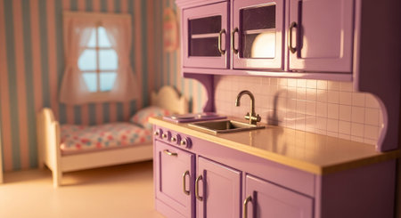 offers a close-up perspective of a miniature lavender dollhouse kitchen. The focus is on the upper cabinets with glass doors and the countertop area, which includes a sink and faucet. The warm lighting highlights the texture and details of the toy kitchen. In the softly blurred background, a dollhouse bedroom is visible with a bed and a window with curtains, featuring striped wallpaper.の素材