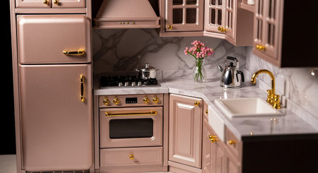 A close-up view of a miniature pink kitchen, highlighting the rich details of marble countertops and a marble backsplash. The cabinetry is finished in a soft pink with gleaming gold hardware and handles. A sleek metallic teapot and a vase with a delicate pink rose bouquet add decorative touches. The scene is expertly lit, attention to the high-end finishes and of this charming domestic space.の素材