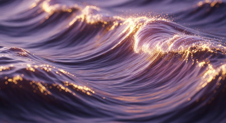 A close-up view of a deep purple ocean wave in motion. The crest of the wave is illuminated with sparkling golden light, creating a dramatic and effect. Tiny flecks of light catch the water's surface, giving it a shimmering, almost magical appearance. The fluid dynamics of the water are evident in the smooth curves and the subtle texture of the spray. The overall impression is one of serene power and natural beauty.の素材