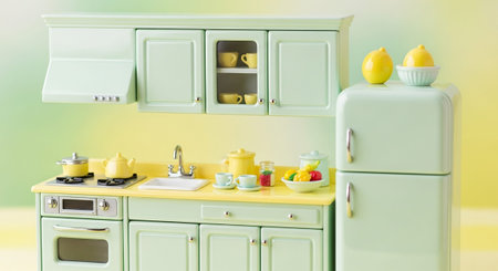 A detailed close-up view of a miniature mint green kitchen with subtle yellow accents. The scene highlights a retro-style refrigerator topped with two lemons in a bowl, a compact stove with an oven, a sink, and upper cabinets. Small cups, a teapot, and a jar are arranged on the countertop. The focus is on the charming details and the clean, bright aesthetic of this tiny, meticulously crafted kitchen setting.の素材