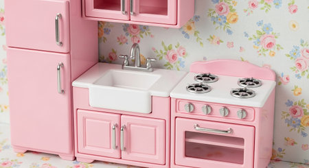 A detailed close-up of a pink miniature kitchen set, featuring a refrigerator, a sink with a chrome faucet, and a stove with an oven. The refrigerator is on the left, followed by the sink unit with cabinets below, and then the stove with its oven and stovetop. A white sink basin and a tiled backsplash are prominent. The set is positioned against a soft floral wallpaper, highlighting the charming and detailed nature of the toy kitchen.の素材