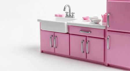 A close-up view of a pink toy kitchen focuses on the sink and cabinet area, set against a plain white background. The highlights the miniature scale of the play kitchen, with a white sink and silver faucet as the central Below the sink are pink cabinets with silver handles. On the countertop, several miniature are placed, including small white bowls, a pink teapot, and a pink soap dispenser. The shallow depth of field blurs the background, attention to the intricate details of the toy...の素材