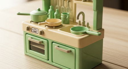 A detailed close-up view of a miniature pastel green and cream toy kitchen, set on a light wooden surface. The scene is focused on the stovetop area, which pots, pans, and various cooking utensils hanging from a rack. The oven and cabinets are visible below, along with a sink and faucet. The sharp focus highlights the intricate details and realistic textures of this charming miniature domestic appliance.の素材