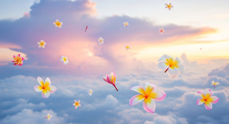 A serene scene unfolds as delicate plumeria flowers, in shades of white, pink, and yellow, float gracefully amidst a sky painted with the soft hues of sunrise. Wispy clouds, tinged with peach and lavender, create a dreamlike backdrop, evoking a sense of peace and ethereal beauty. The gentle light of dawn illuminates the scene, casting a soft glow on the airborne blossoms and the textured clouds.の素材