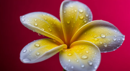 A macro shot of a plumeria flower, also known as frangipani, showcasing its delicate yellow and white petals. Numerous clear water droplets cling to the surface of the petals, reflecting light and adding a sense of freshness and purity. The flower is set against a smooth, vibrant pink to dark magenta gradient background, creating a striking contrast that highlights the intricate details and soft textures of the bloom. The lighting emphasizes the translucency of the petals and the glistening dew.の素材