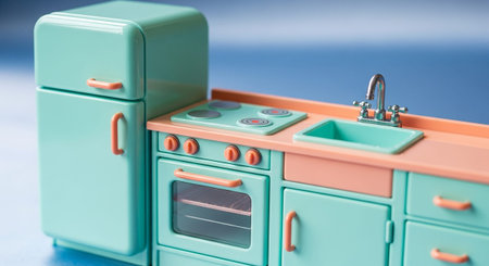 offers a detailed perspective of a miniature retro kitchen set, featuring a prominent turquoise refrigerator and base cabinets, contrasted with peach-colored oven and drawer fronts. The stovetop has four red-accented burners, and the sink area includes a silver faucet. The clean lines and pastel color palette create a charming and inviting aesthetic, a dollhouse or a child's imaginative play.の素材