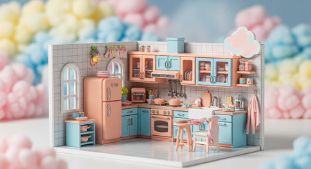 presents a meticulously detailed miniature kitchen, featuring pastel pink and blue cabinetry, set against a backdrop of soft, fluffy pastel clouds. The tiny space is fully equipped with a refrigerator, oven, sink, and various kitchen accessories, all rendered with precision. The overall aesthetic is charming and whimsical, evoking a sense of playful imagination and a dreamlike domestic environment.の素材