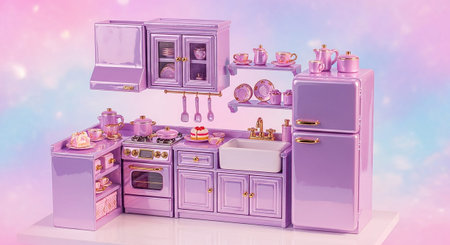 This meticulously crafted miniature kitchen is presented in a lilac hue. It a vintage-style refrigerator, upper and lower cabinets with glass doors, a stove with an oven, a sink, and a countertop adorned with a delicate tea set, cookware, and a small cake. Gold accents add a touch of elegance. The background is a soft, blurred bokeh of pastel colors, enhancing the magical and inviting feel of this tiny culinary space.の素材