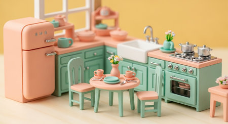 A cozy and inviting miniature corner kitchen scene rendered in soft pastel mint green and peach hues. A retro-style peach refrigerator is positioned at one end, leading into mint green cabinets and drawers. A small dining table with two chairs, set with cups, saucers, and plates, sits in the center. The kitchen a white sink with a faucet, a mint green stove with an oven, and a window. A vase filled with colorful flowers adds a cheerful accent to the countertop. The overall atmosphere is...の素材