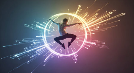 A dynamic of a male dancer captured in mid-air, performing an energetic leap. He is encircled by a bright, glowing ring of light that appears to be exploding outwards, creating a burst of colorful streaks and rays. The background is dark, emphasizing the vibrant light effects and the dancer's powerful movement. conveys a sense of energy, freedom, and artistic expression.の素材