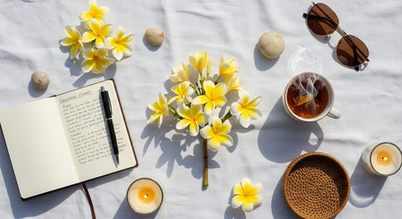 This overhead flat lay presents a tranquil morning scene with a cluster of yellow and white plumeria flowers and green leaves as the centerpiece. A steaming cup of tea, a lit candle in a glass holder, and a small wicker coaster are arranged nearby. An open notebook filled with handwritten text and a pen, along with several smooth stones, are also part of the composition. The bright sunlight casts dramatic shadows on the white textured fabric, enhancing the warm and inviting atmosphere.の素材