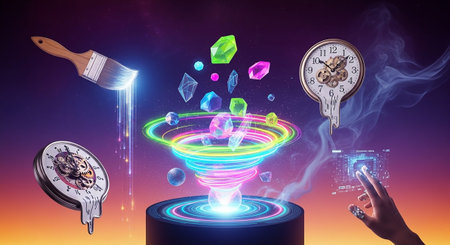 An abstract and surreal composition featuring a central neon vortex with colorful swirling lights. Melting clocks, resembling Dali's work, float on either side, symbolizing the fluidity of time. Geometric crystals and spheres are suspended around the vortex, radiating light. A paintbrush drips colorful light streaks, and a digital interface with a glowing hand interacting with it suggests the intersection of and technology. The background transitions from deep blue to a warm gradient.の素材