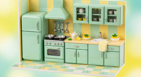 A compact and charming miniature kitchen diorama featuring a dominant mint green color scheme with subtle yellow accents. The retro-style refrigerator, oven, stove, and sink are all rendered in miniature scale. Open shelving essential kitchenware, including a teapot and lemons, adding a touch of life to the scene. The backdrop a cheerful yellow and mint green striped pattern, complemented by a checkered floor, creating a bright and organized miniature space.の素材