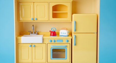 A close-up view of a compact yellow toy kitchen unit is displayed against a bright blue background. The miniature kitchen includes a stacked refrigerator with blue handles, a sink, a stove with an oven, and overhead cabinets. On the countertop, a red kettle and a white toaster add pops of color. The is charming and detailed, a child's imaginative play in a home setting.の素材