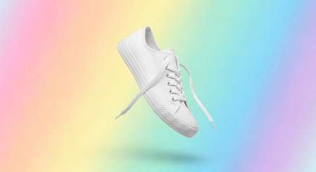 A classic white canvas low-top sneaker with white laces is presented floating against a soft, blended pastel rainbow background. The background a gentle gradient of pink, yellow, green, and blue tones. The sneaker is clean and simple, with its laces extended, creating a feeling of effortless suspension. The lighting is bright and even, highlighting the shoe's form and texture.の素材