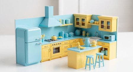 A detailed miniature corner kitchen designed with a delightful combination of pastel blue and yellow. The setup includes a retro-style refrigerator, a stove with an oven, a sink, and numerous cabinets and drawers. A small island bar with two stools adds a functional Various miniature kitchen accessories like teapots, pitchers, and jars are neatly arranged, creating a cozy and inviting play space.の素材