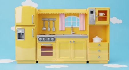 A vibrant yellow toy kitchen playset is presented against a cheerful blue sky with cartoonish clouds. The miniature kitchen a refrigerator with a dispenser, a stove with an oven, a microwave, and a sink area with hanging utensils. Cabinets and drawers provide storage, and a small pot sits on the stovetop. The overall aesthetic is bright, clean, and playful, designed for imaginative children's play.の素材