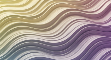 This abstract showcases fluid, flowing waves with a distinct glossy finish. The color palette consists of a soft pastel purple transitioning into a pale yellow, creating a harmonious and gentle gradient. The smooth, undulating lines evoke a sense of liquid motion and organic form. The interplay of light on the surface adds a subtle shimmer, making it an and calming background for creative projects.の素材