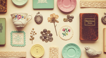 A beautifully arranged flat lay of vintage treasures. Cracked teacups with floral patterns, a collection of assorted buttons, delicate dried flowers, and ornate lace edgings are featured. Antique lockets, a small bird figurine, and small decorative plates add to the charm. Books and a small embroidered doily complete this nostalgic and aesthetically pleasing composition, evoking a sense of history and craft.の素材
